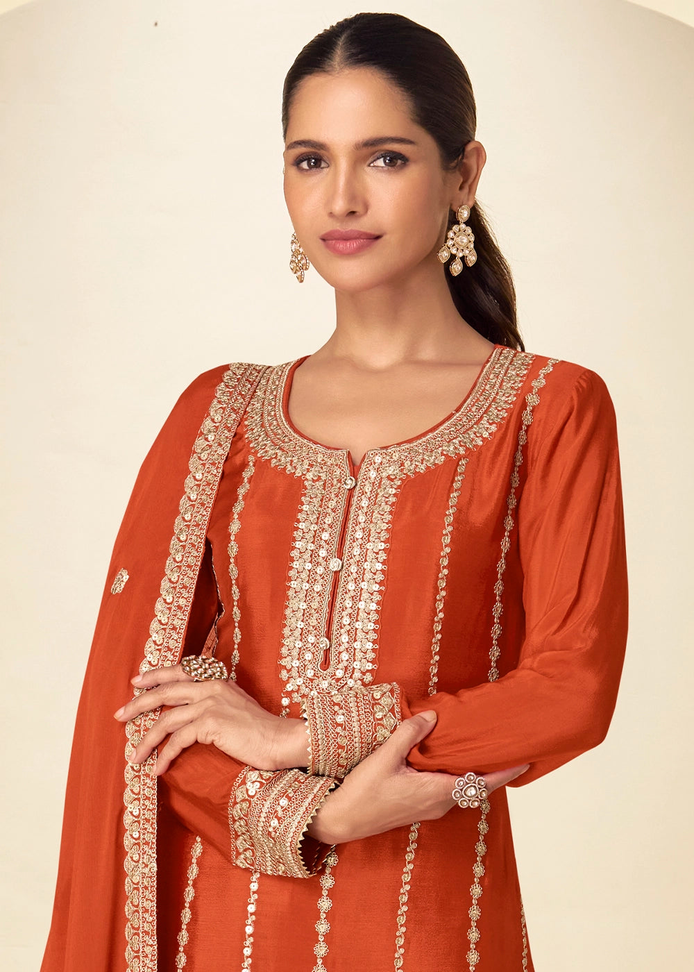 Yam Orange Chinon Silk Palazzo Suit with Delicate Embroidery work