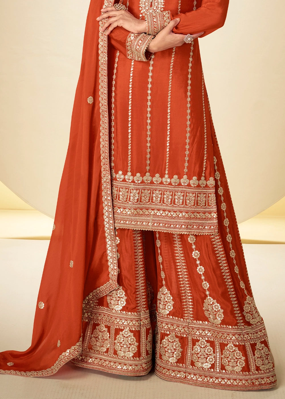 Yam Orange Chinon Silk Palazzo Suit with Delicate Embroidery work