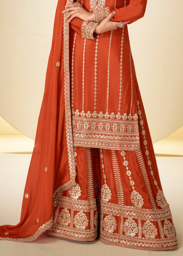 Yam Orange Chinon Silk Palazzo Suit with Delicate Embroidery work