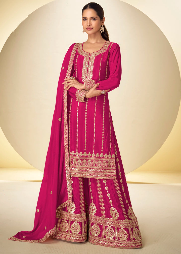 Hot Pink Chinon Silk Palazzo Suit with Delicate Embroidery work