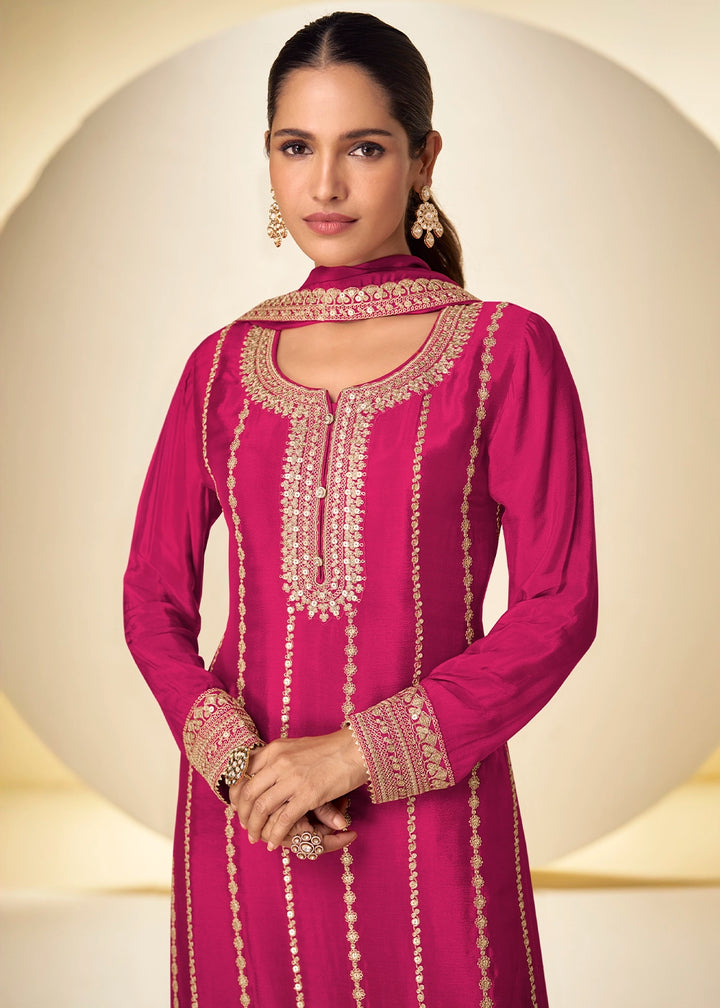 Hot Pink Chinon Silk Palazzo Suit with Delicate Embroidery work