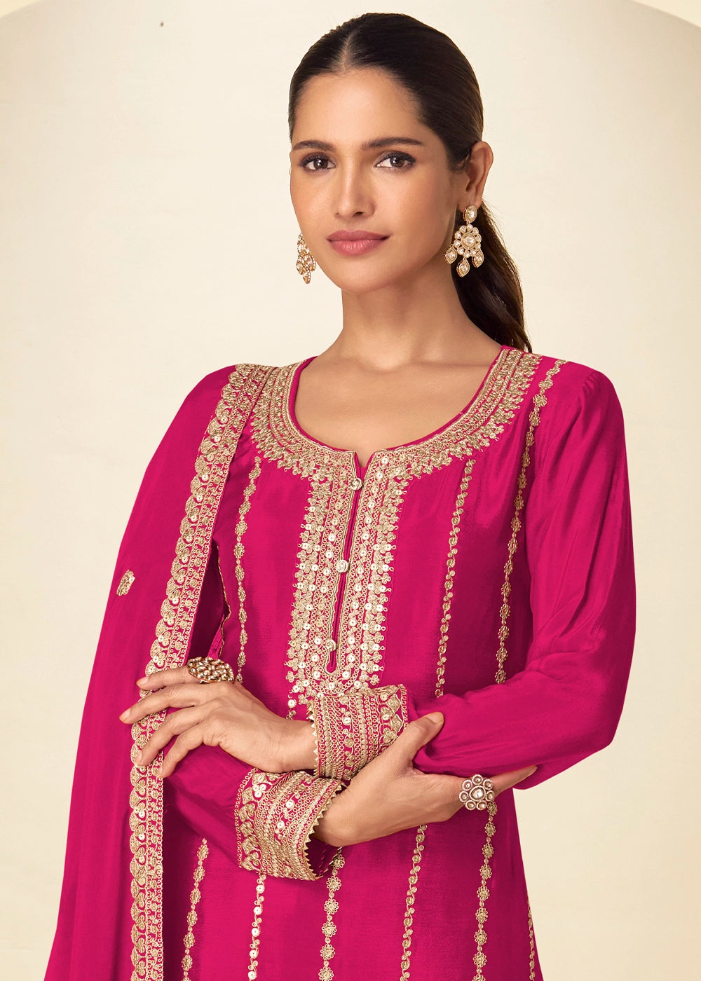 Hot Pink Chinon Silk Palazzo Suit with Delicate Embroidery work