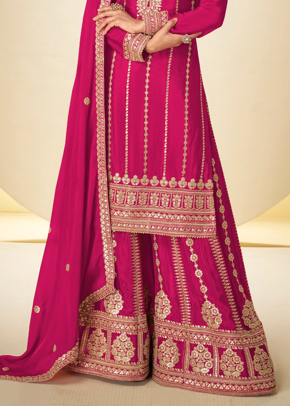 Hot Pink Chinon Silk Palazzo Suit with Delicate Embroidery work