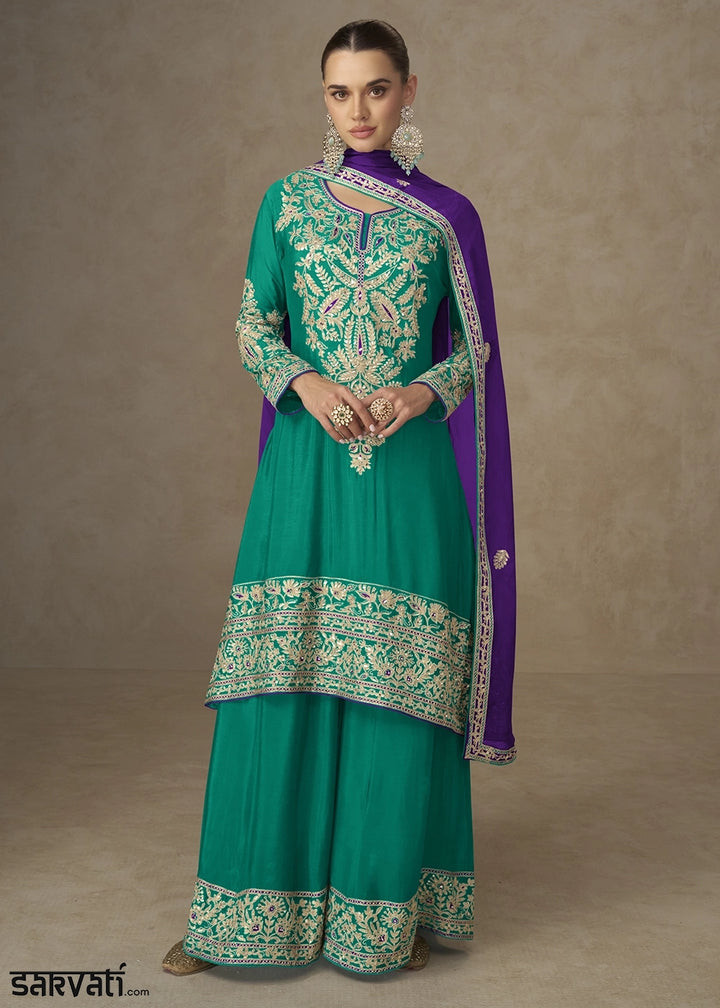 Pine Green Palazzo Suit in Chinon Silk with Handcrafted Embroidery