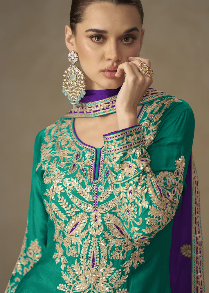 Pine Green Palazzo Suit in Chinon Silk with Handcrafted Embroidery