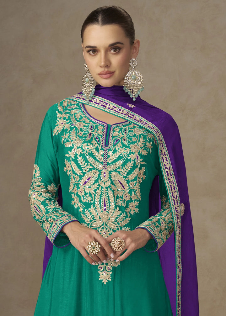 Pine Green Palazzo Suit in Chinon Silk with Handcrafted Embroidery