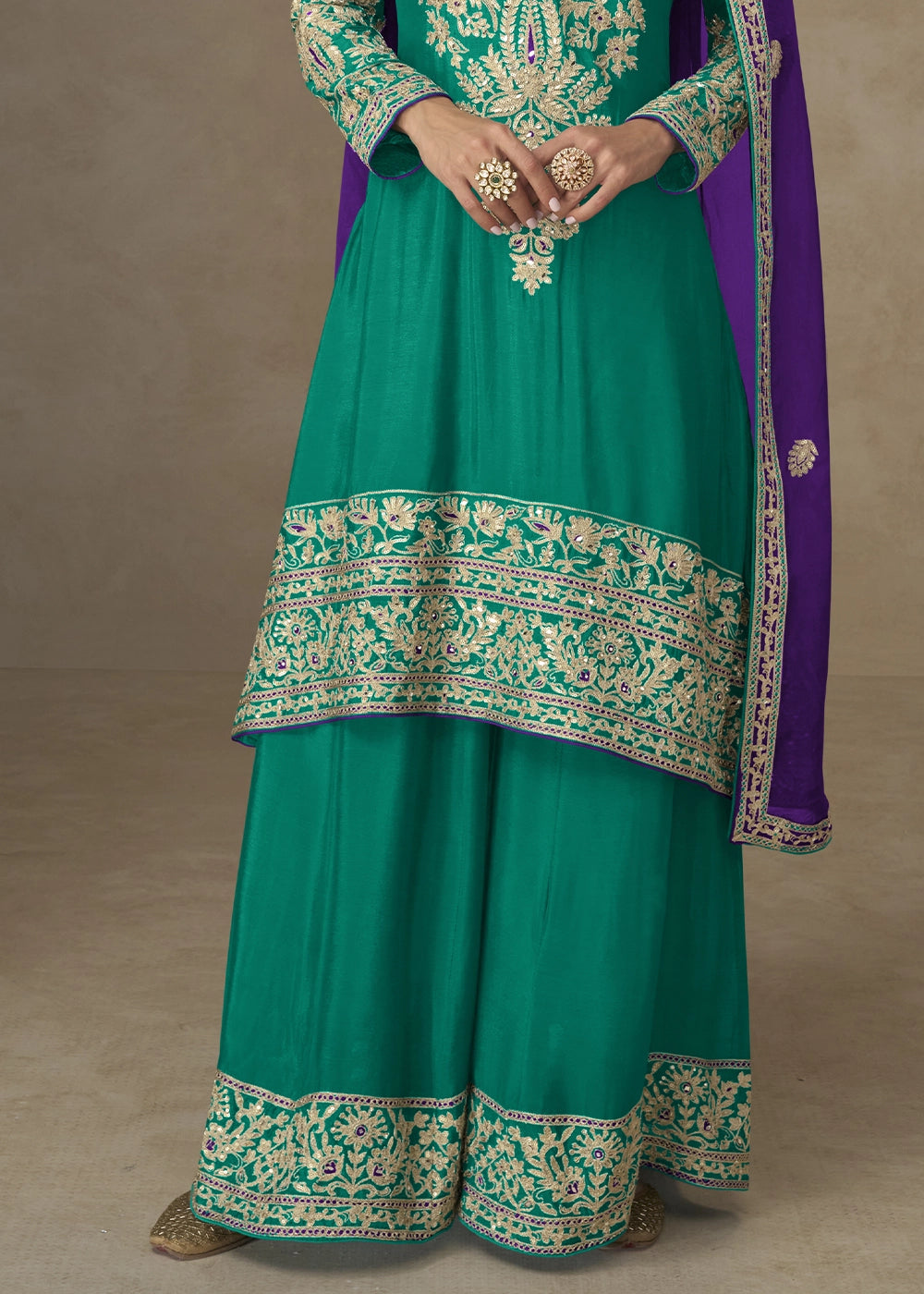 Pine Green Palazzo Suit in Chinon Silk with Handcrafted Embroidery