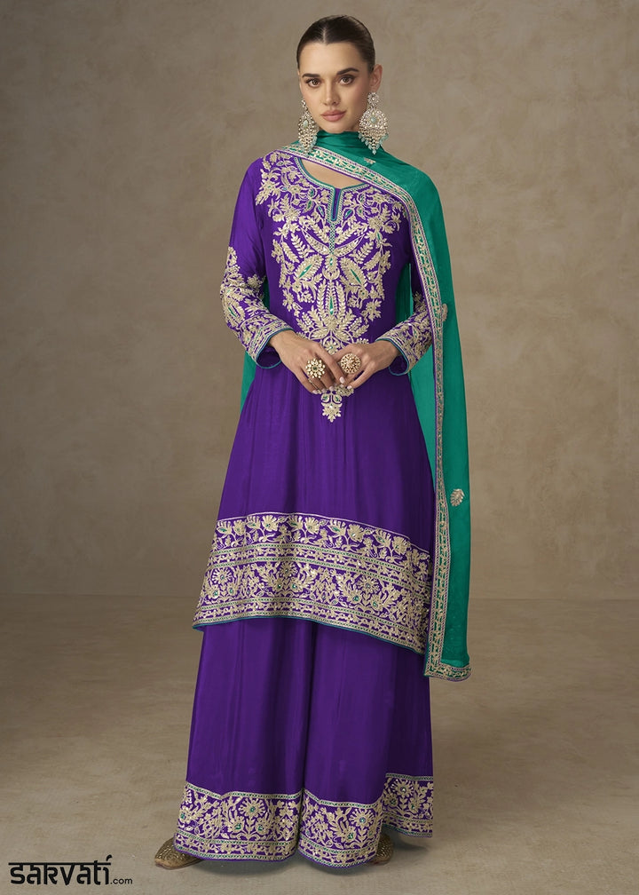 Indigo Purple Palazzo Suit in Chinon Silk with Handcrafted Embroidery