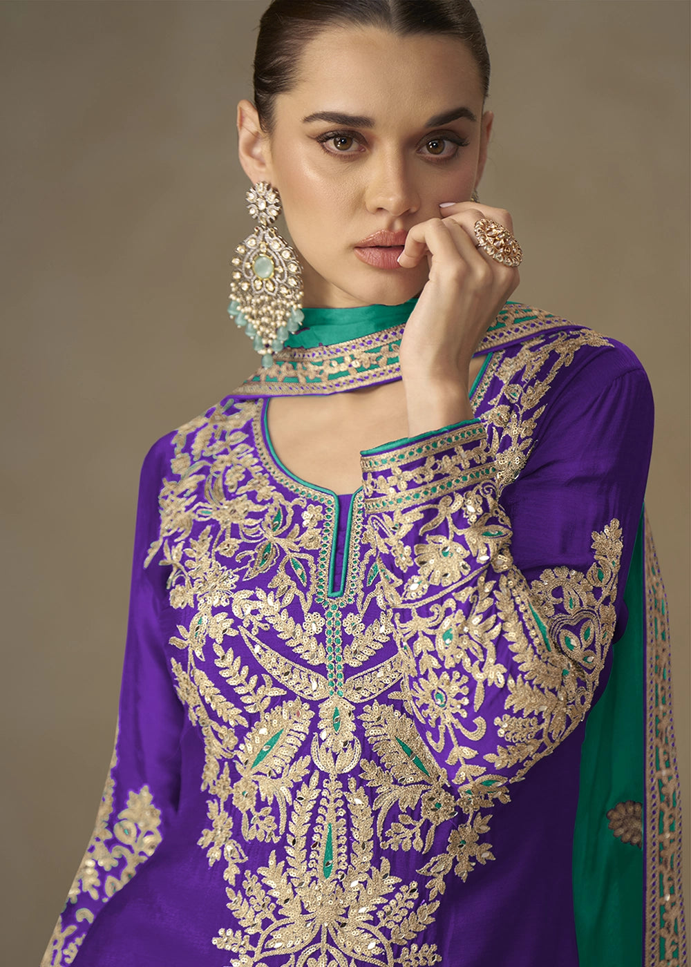 Indigo Purple Palazzo Suit in Chinon Silk with Handcrafted Embroidery
