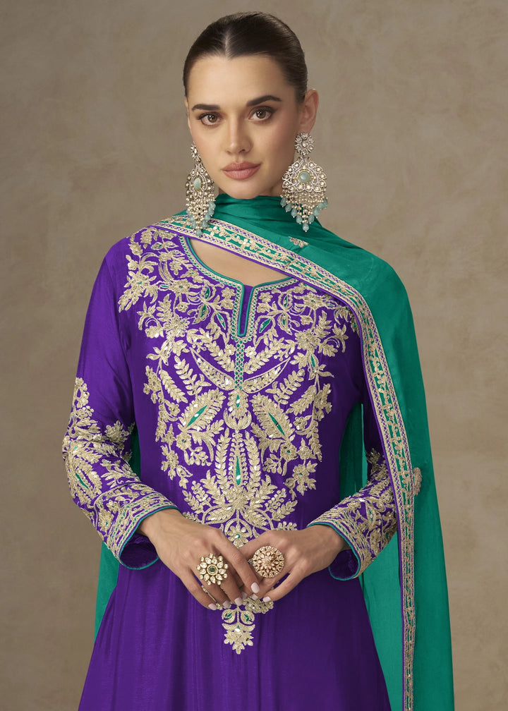 Indigo Purple Palazzo Suit in Chinon Silk with Handcrafted Embroidery