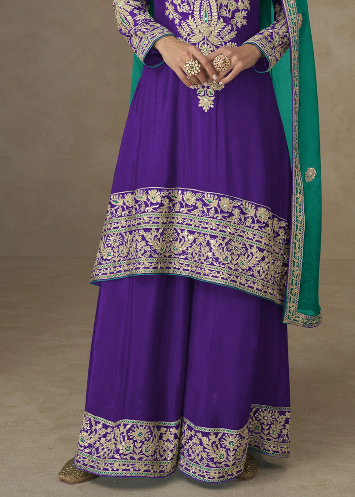 Indigo Purple Palazzo Suit in Chinon Silk with Handcrafted Embroidery