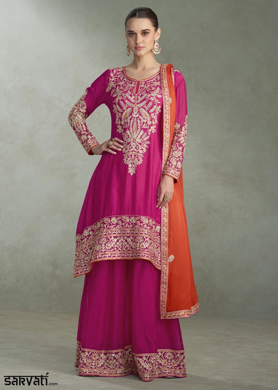 Magenta Pink Palazzo Suit in Chinon Silk with Handcrafted Embroidery