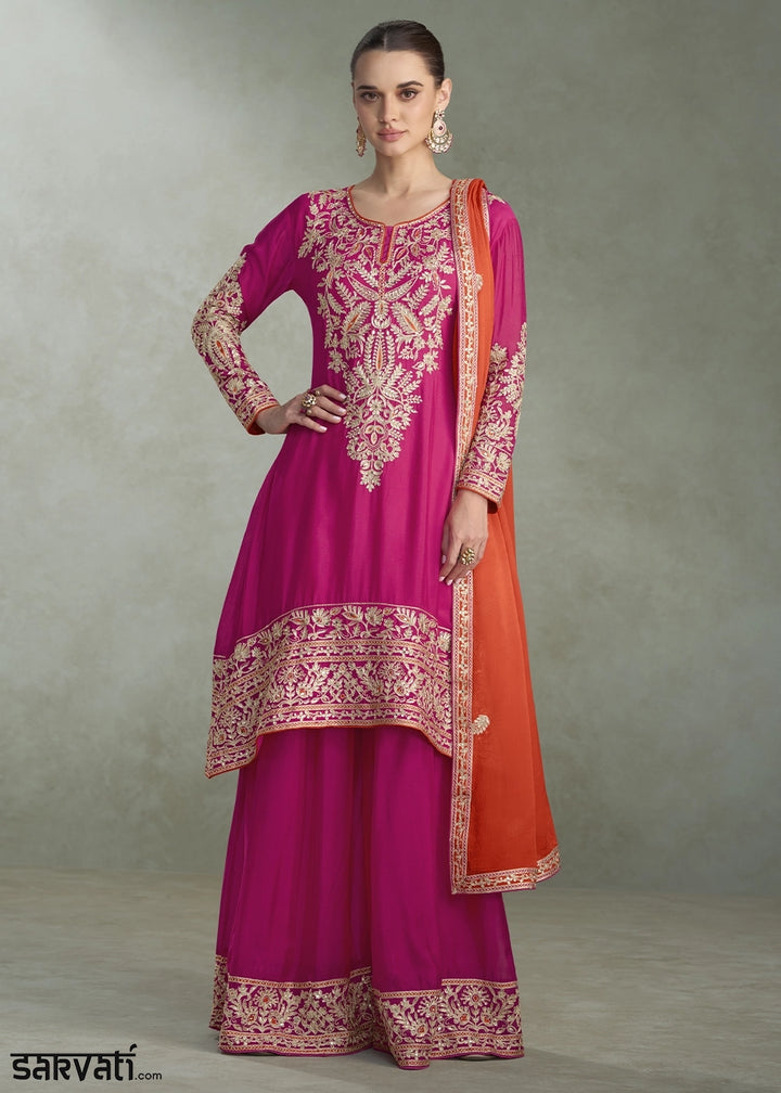 Magenta Pink Palazzo Suit in Chinon Silk with Handcrafted Embroidery