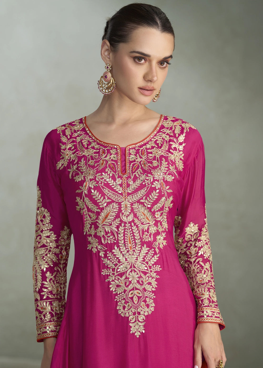 Magenta Pink Palazzo Suit in Chinon Silk with Handcrafted Embroidery