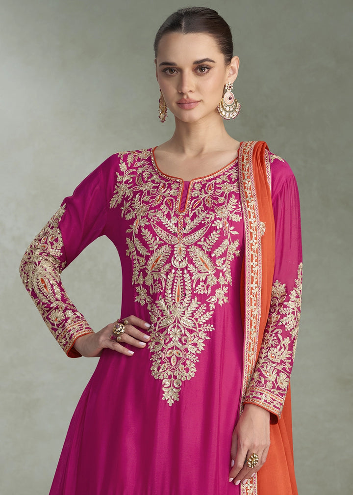 Magenta Pink Palazzo Suit in Chinon Silk with Handcrafted Embroidery