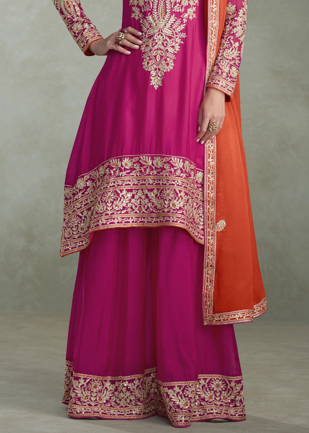 Magenta Pink Palazzo Suit in Chinon Silk with Handcrafted Embroidery