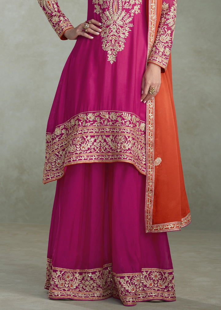 Magenta Pink Palazzo Suit in Chinon Silk with Handcrafted Embroidery