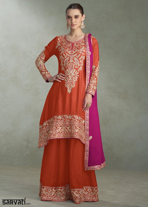 Tangelo Orange Palazzo Suit in Chinon Silk with Handcrafted Embroidery