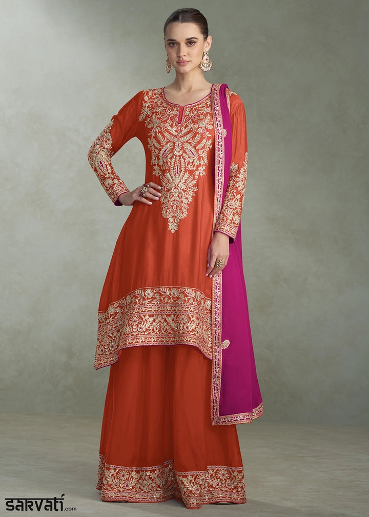 Tangelo Orange Palazzo Suit in Chinon Silk with Handcrafted Embroidery