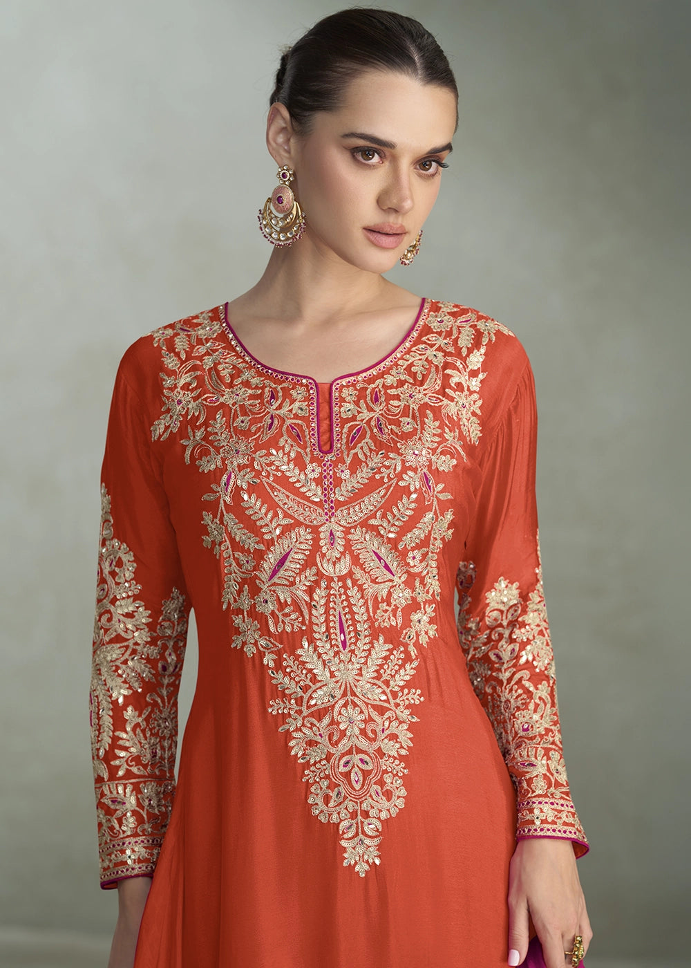 Tangelo Orange Palazzo Suit in Chinon Silk with Handcrafted Embroidery