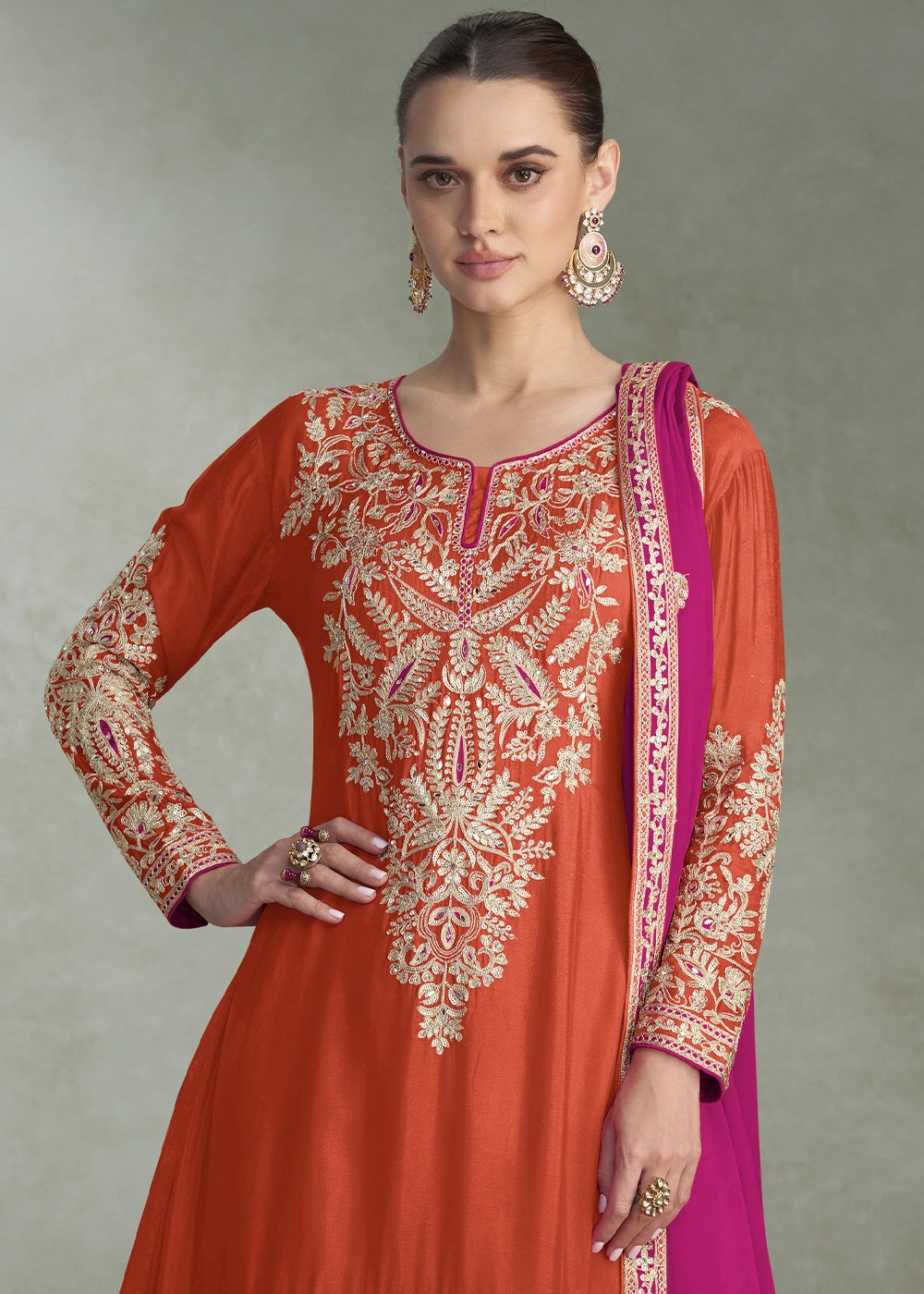 Tangelo Orange Palazzo Suit in Chinon Silk with Handcrafted Embroidery