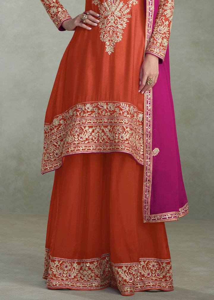 Tangelo Orange Palazzo Suit in Chinon Silk with Handcrafted Embroidery