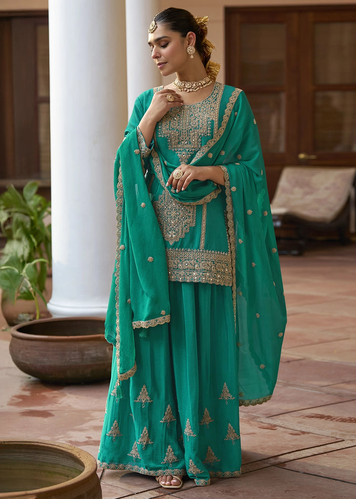 Dark Cyan Green Chinon Silk Palazzo Suit with Intricate Embroidery