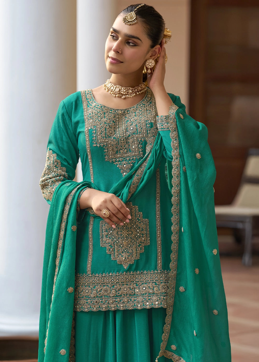 Dark Cyan Green Chinon Silk Palazzo Suit with Intricate Embroidery