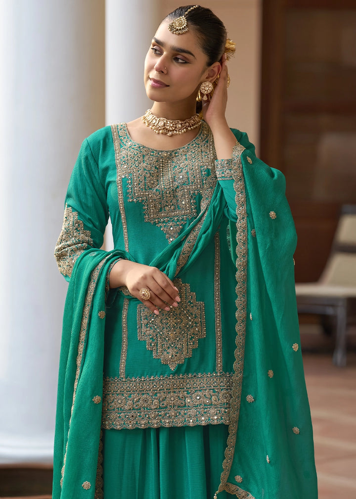 Dark Cyan Green Chinon Silk Palazzo Suit with Intricate Embroidery