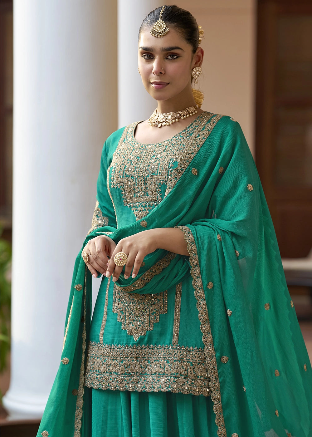 Dark Cyan Green Chinon Silk Palazzo Suit with Intricate Embroidery
