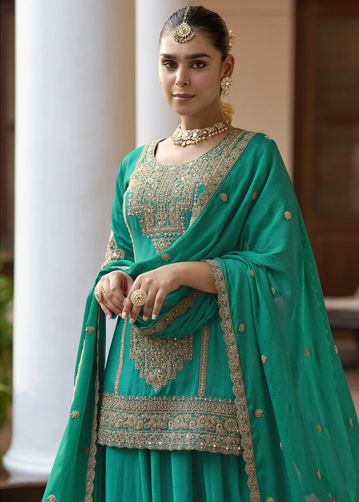 Dark Cyan Green Chinon Silk Palazzo Suit with Intricate Embroidery