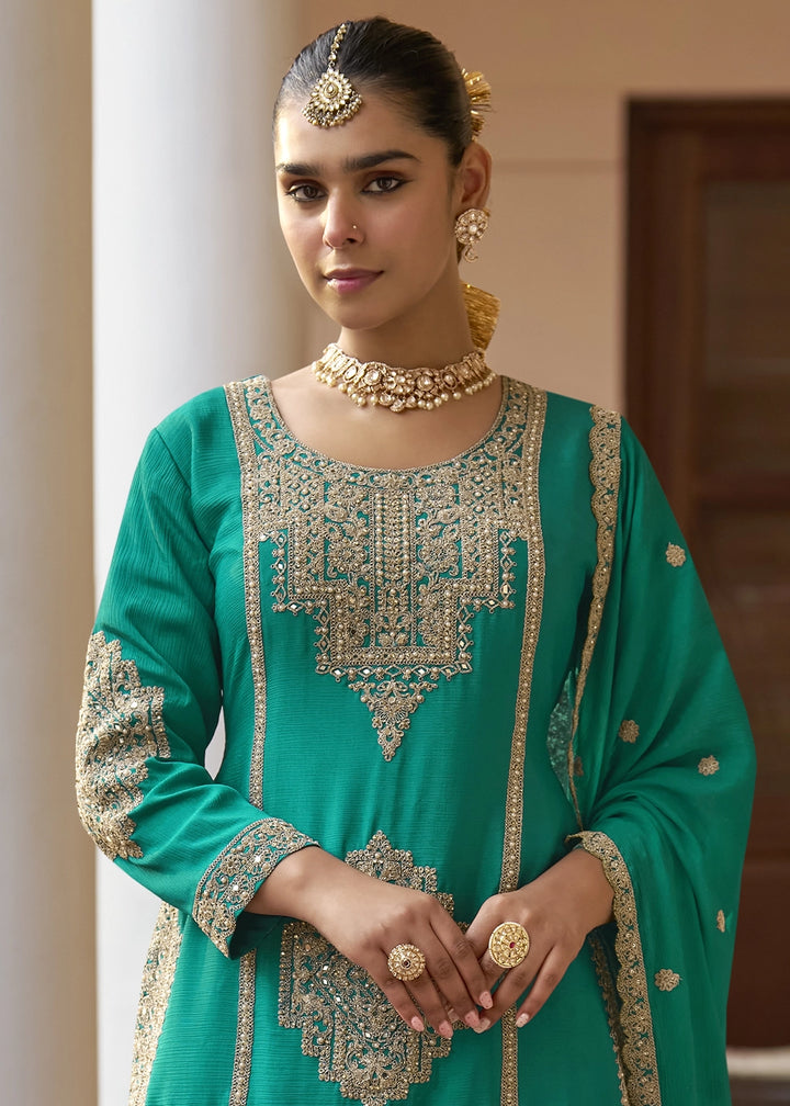 Dark Cyan Green Chinon Silk Palazzo Suit with Intricate Embroidery