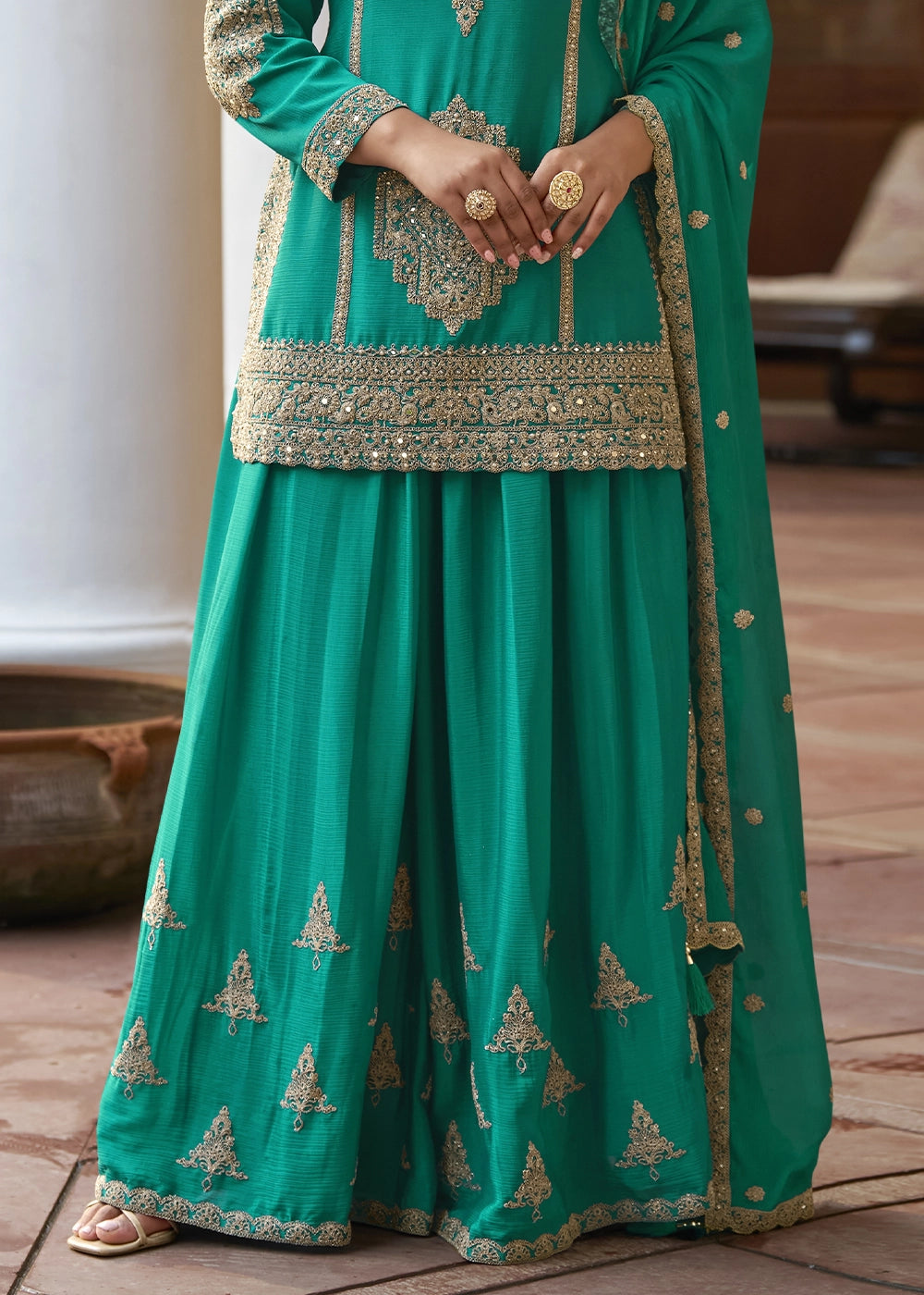 Dark Cyan Green Chinon Silk Palazzo Suit with Intricate Embroidery
