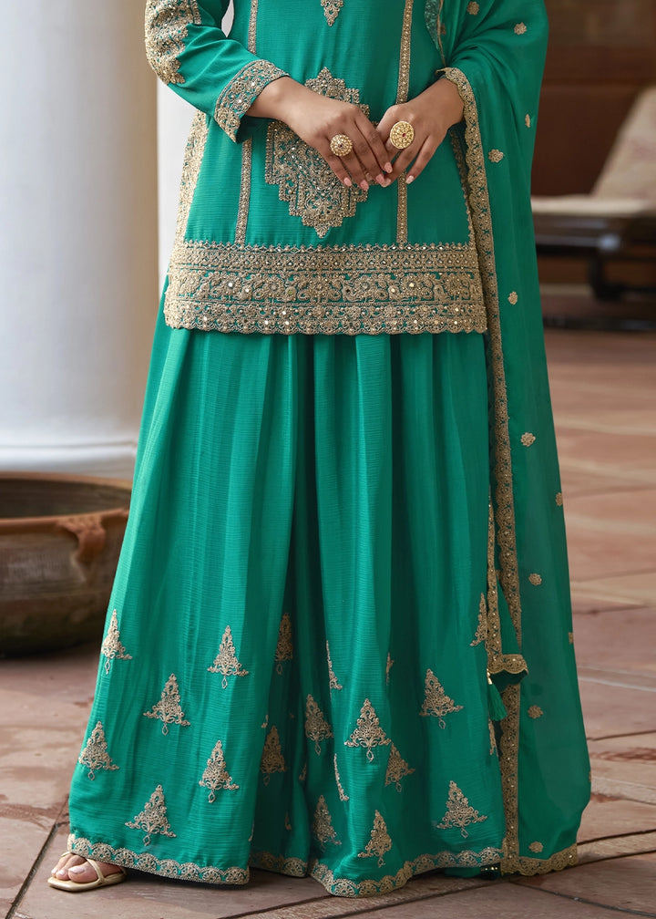 Dark Cyan Green Chinon Silk Palazzo Suit with Intricate Embroidery