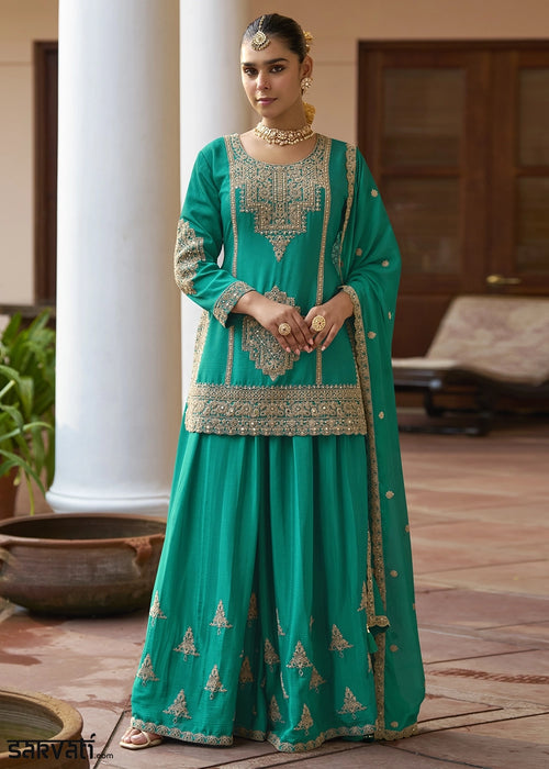 Dark Cyan Green Chinon Silk Palazzo Suit with Intricate Embroidery