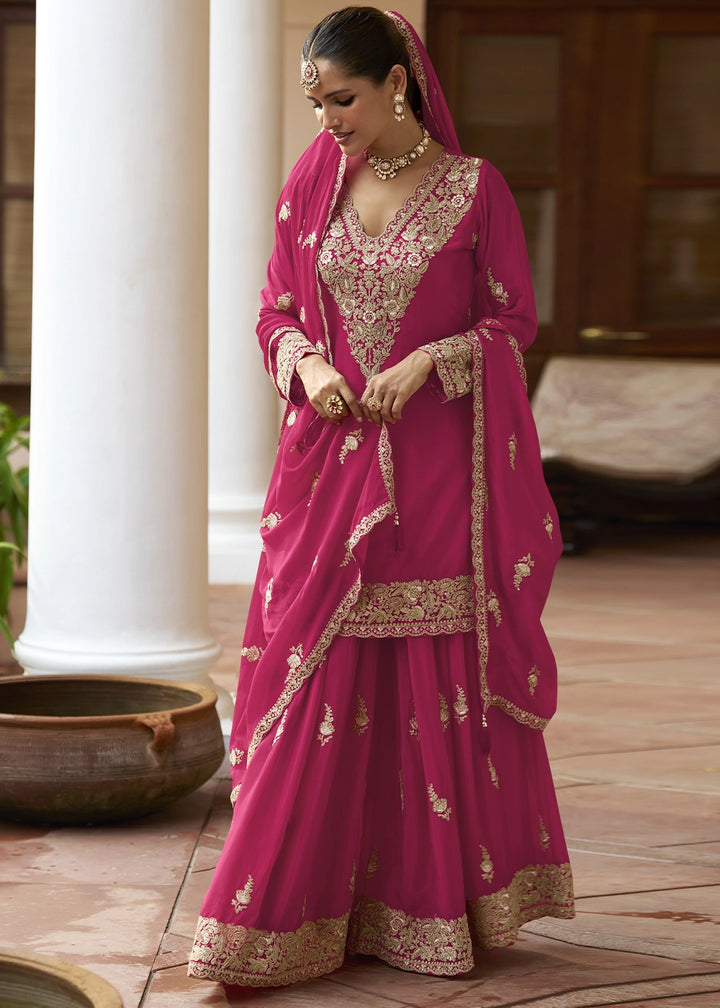 Ruby Pink Green Chinon Silk Palazzo Suit with Intricate Embroidery