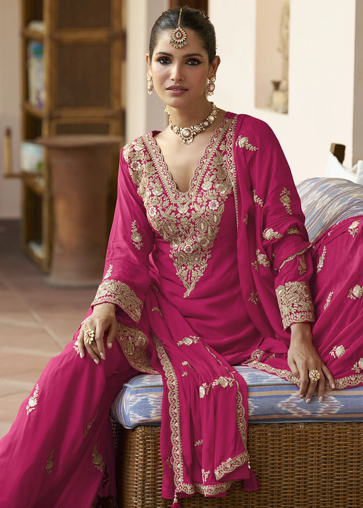 Ruby Pink Green Chinon Silk Palazzo Suit with Intricate Embroidery