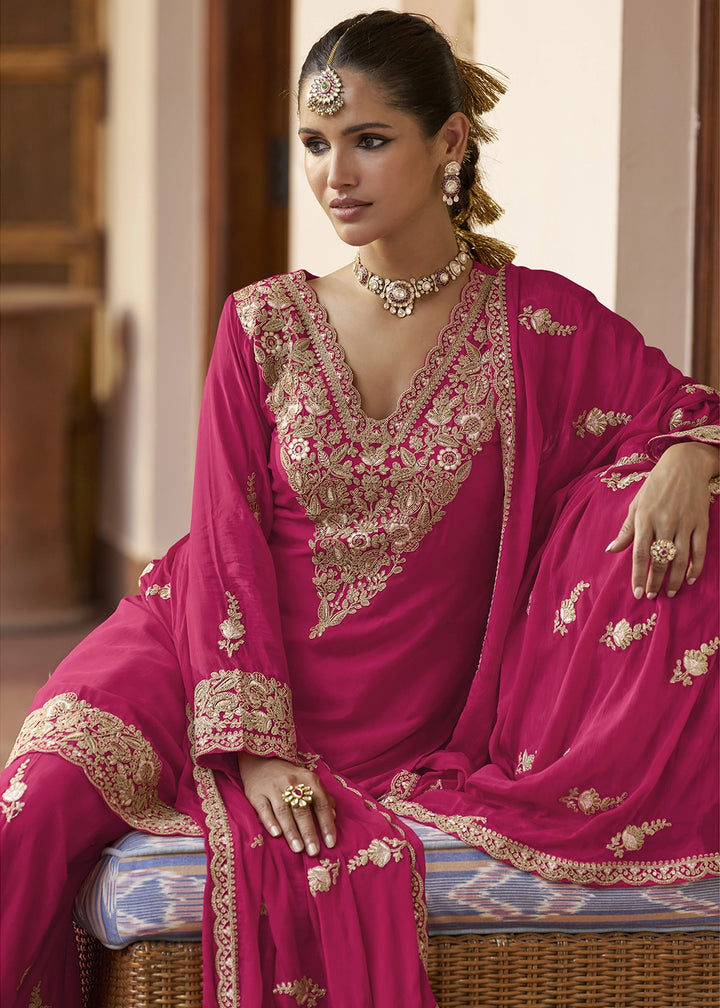Ruby Pink Green Chinon Silk Palazzo Suit with Intricate Embroidery