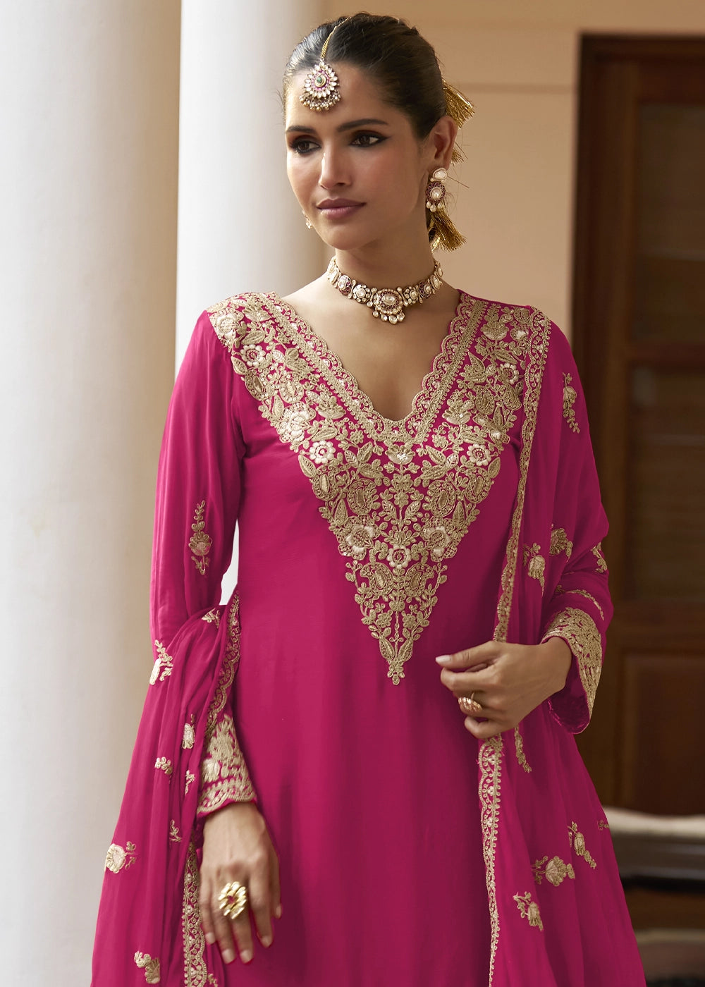 Ruby Pink Green Chinon Silk Palazzo Suit with Intricate Embroidery