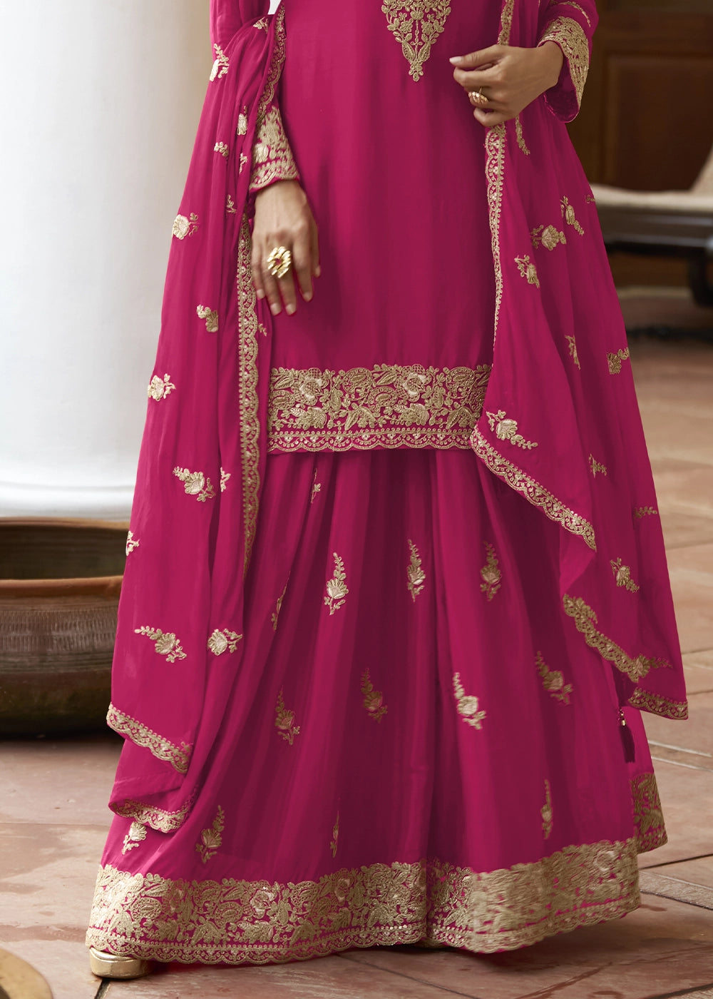 Ruby Pink Green Chinon Silk Palazzo Suit with Intricate Embroidery
