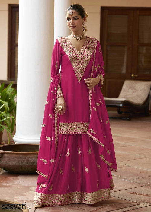 Ruby Pink Green Chinon Silk Palazzo Suit with Intricate Embroidery