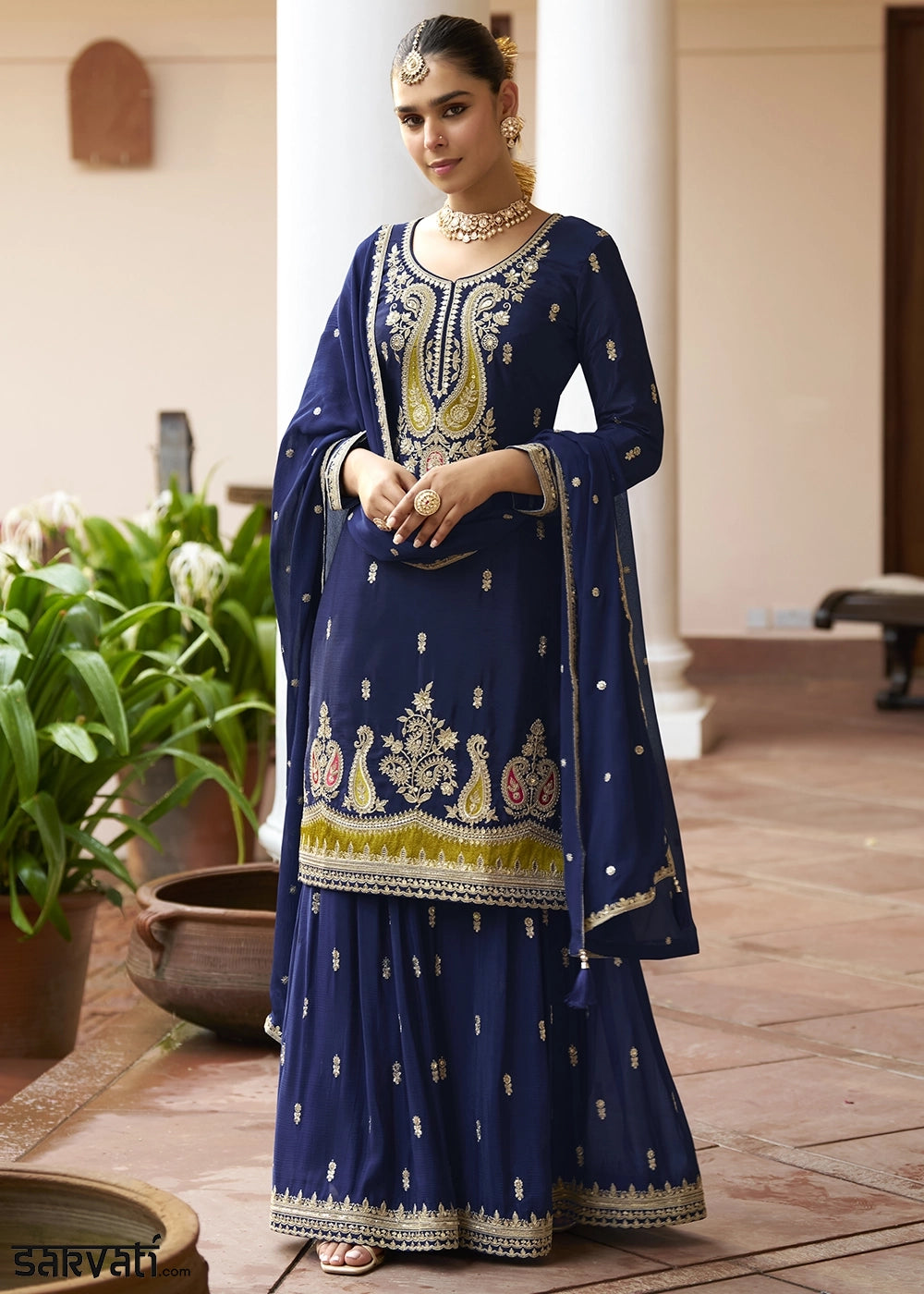 Berry Blue Green Chinon Silk Palazzo Suit with Intricate Embroidery