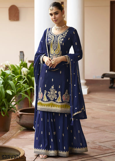 Berry Blue Green Chinon Silk Palazzo Suit with Intricate Embroidery