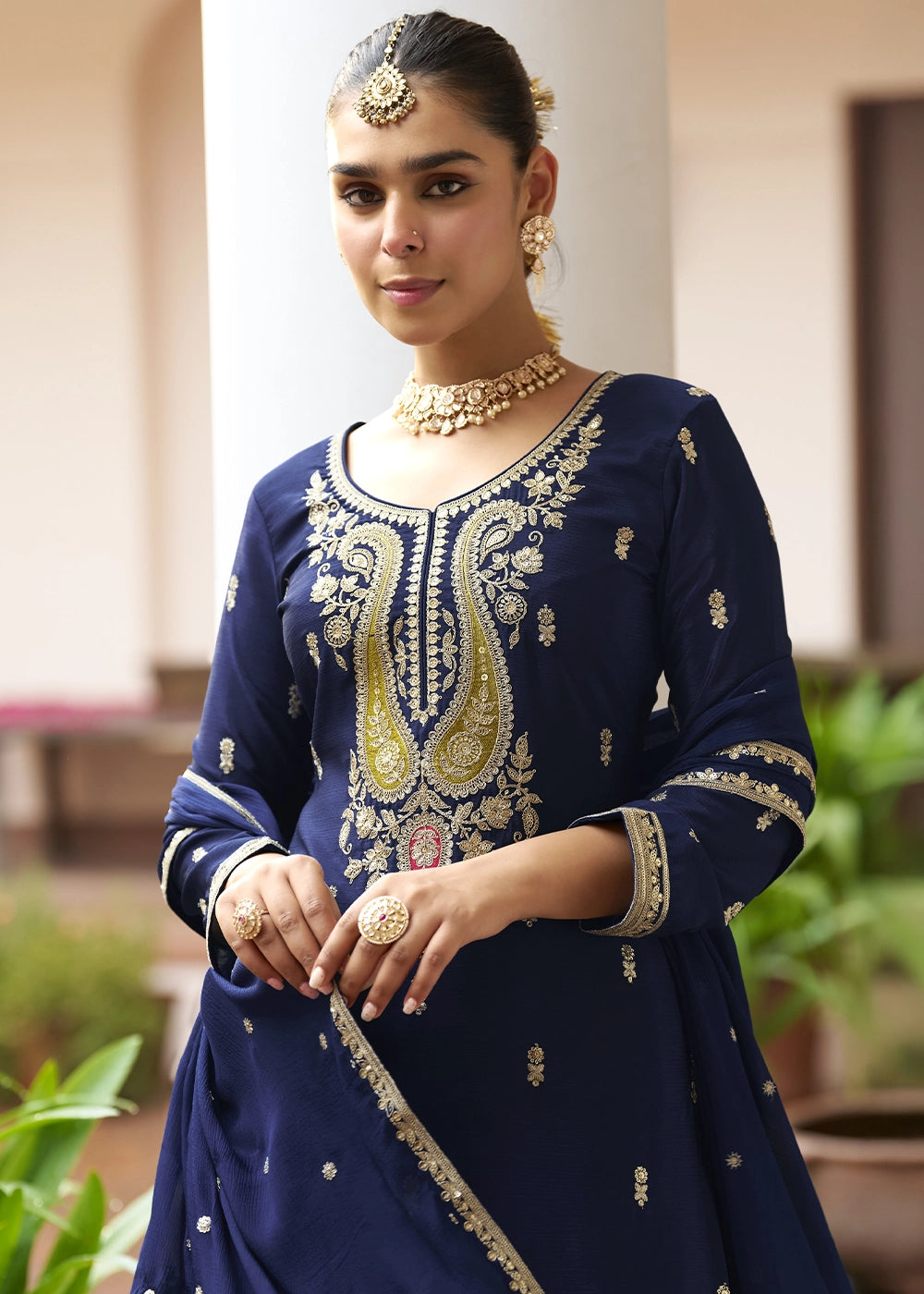 Berry Blue Green Chinon Silk Palazzo Suit with Intricate Embroidery