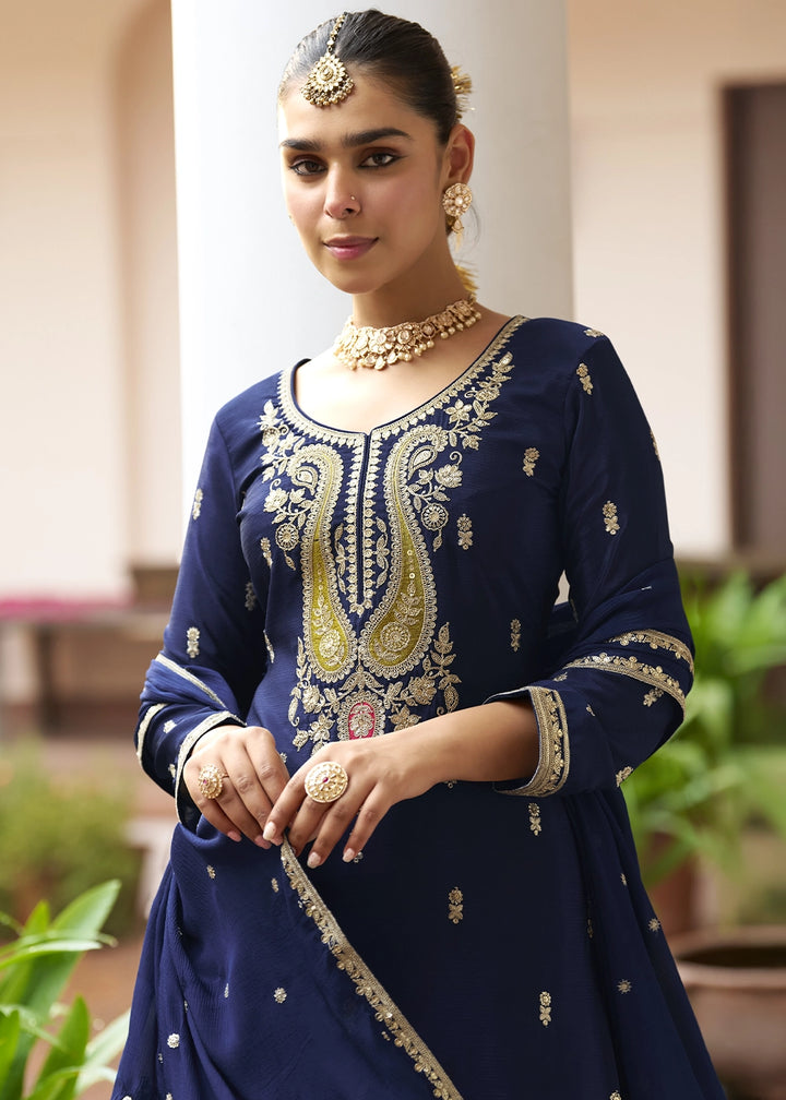 Berry Blue Green Chinon Silk Palazzo Suit with Intricate Embroidery