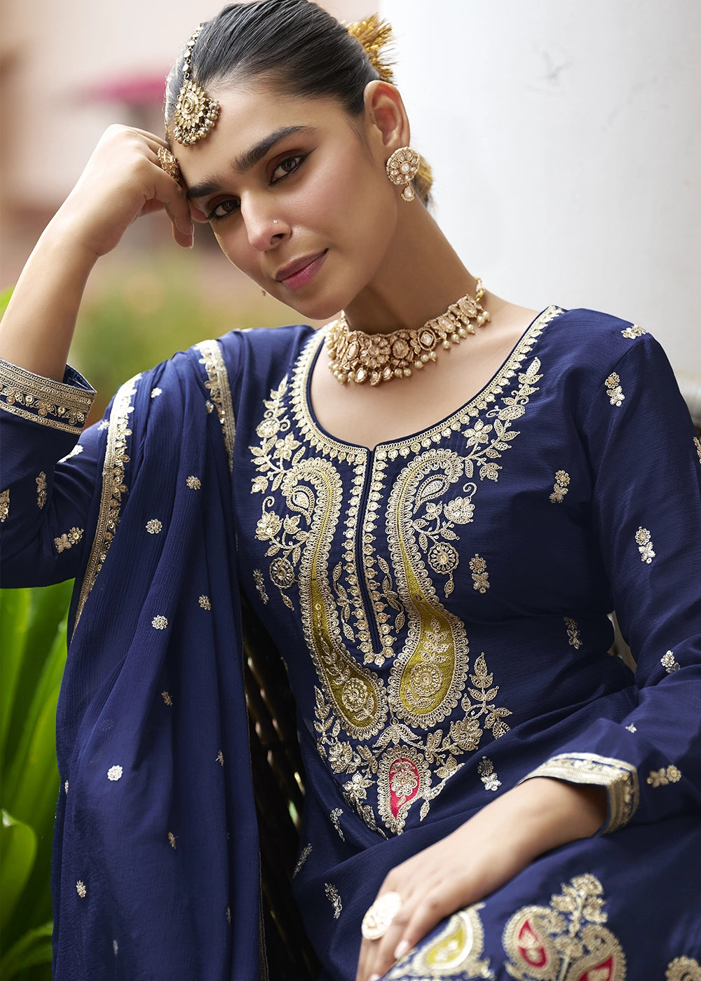 Berry Blue Green Chinon Silk Palazzo Suit with Intricate Embroidery