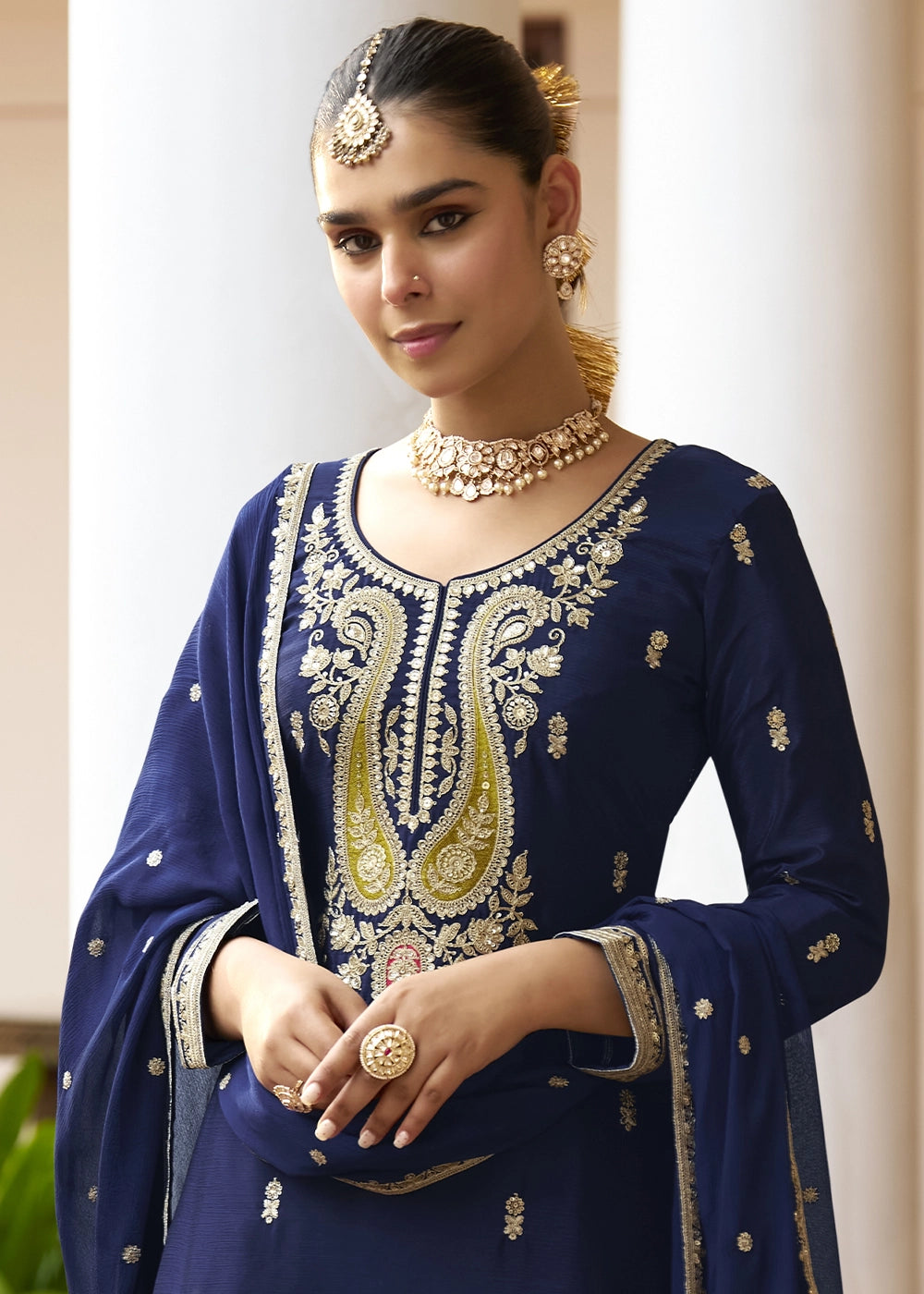 Berry Blue Green Chinon Silk Palazzo Suit with Intricate Embroidery