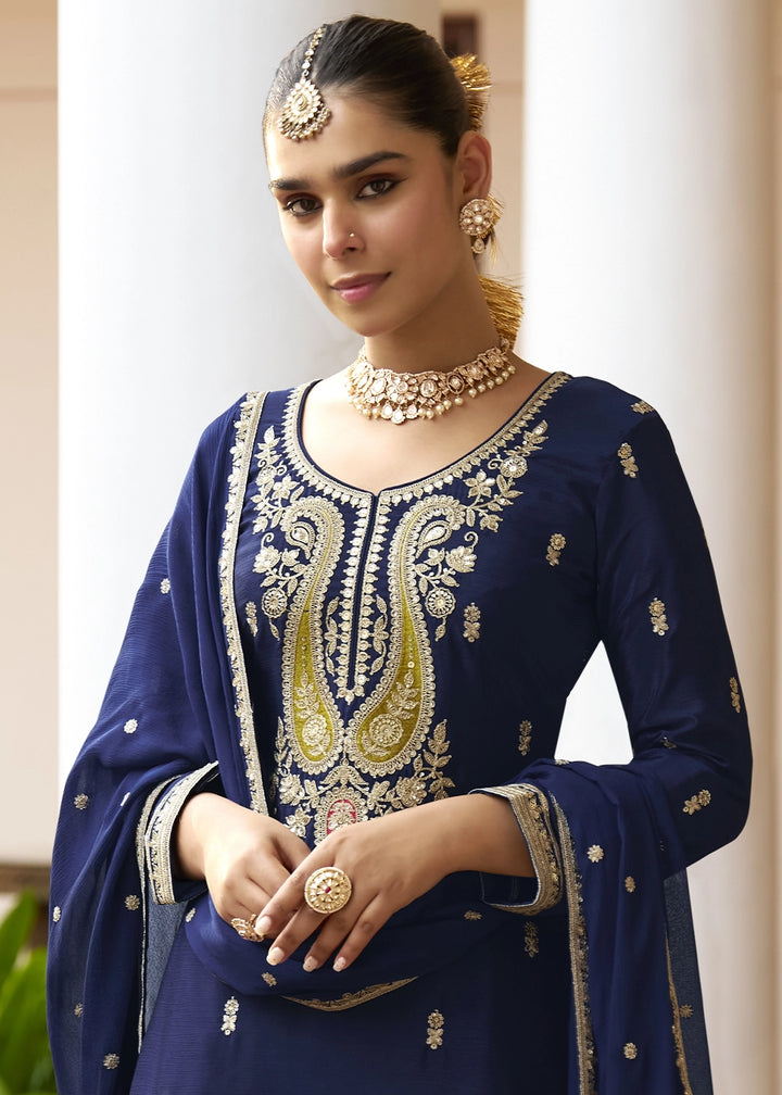 Berry Blue Green Chinon Silk Palazzo Suit with Intricate Embroidery