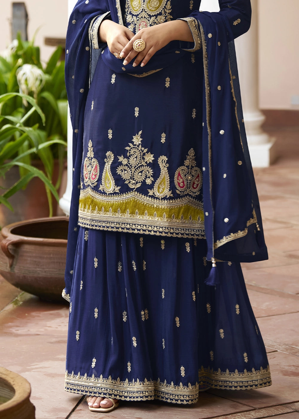 Berry Blue Green Chinon Silk Palazzo Suit with Intricate Embroidery