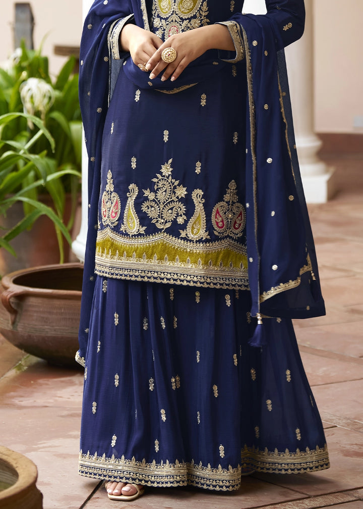 Berry Blue Green Chinon Silk Palazzo Suit with Intricate Embroidery
